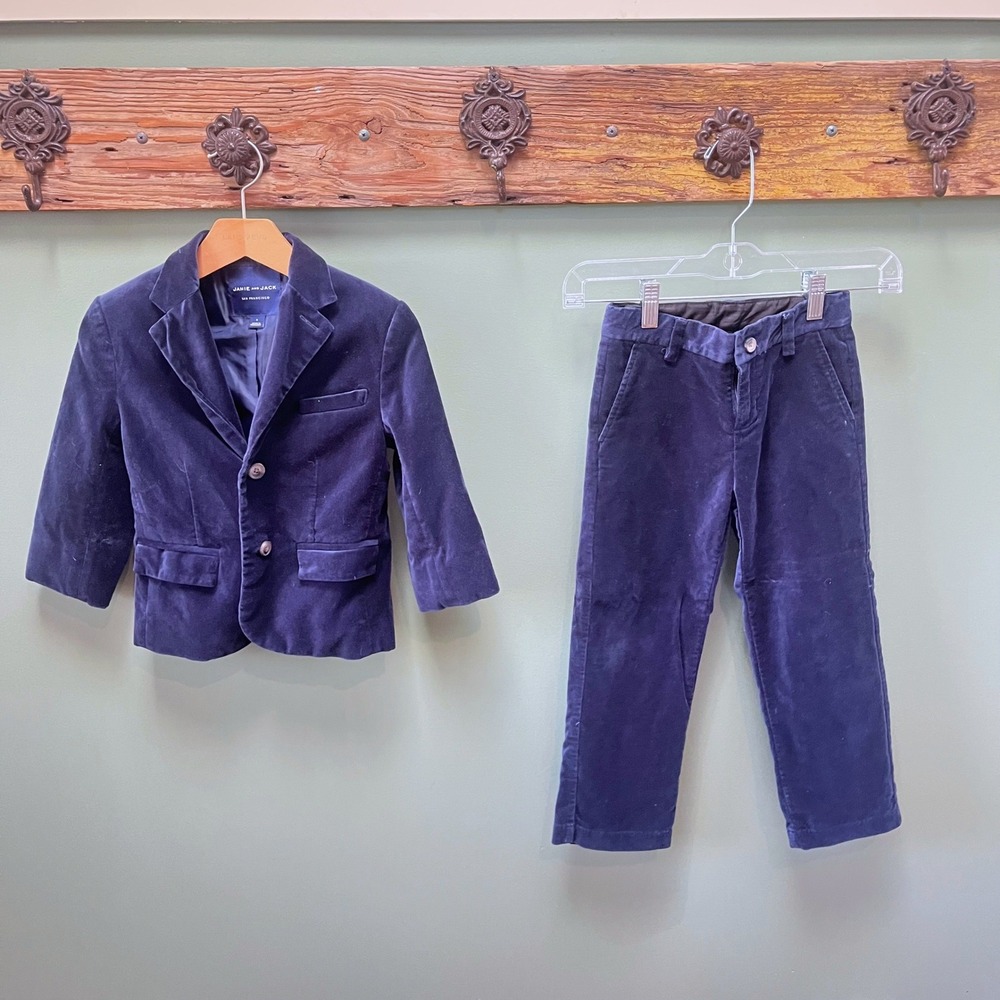 Janie and Jack Kids Navy Blue Velvet Suit Set Blazer and Pants Size 5 Holiday